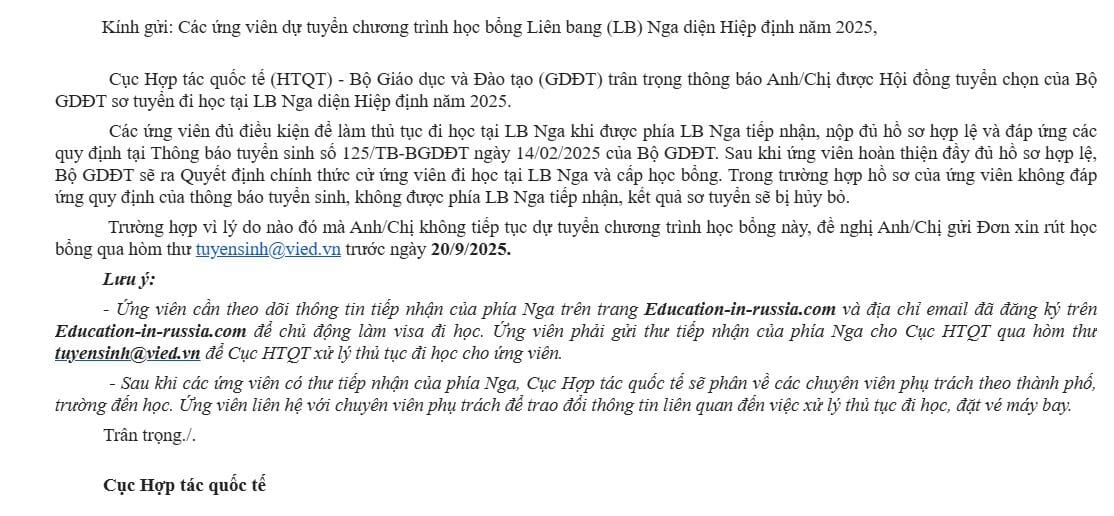 Học bổng Hiệp định Nga 2025