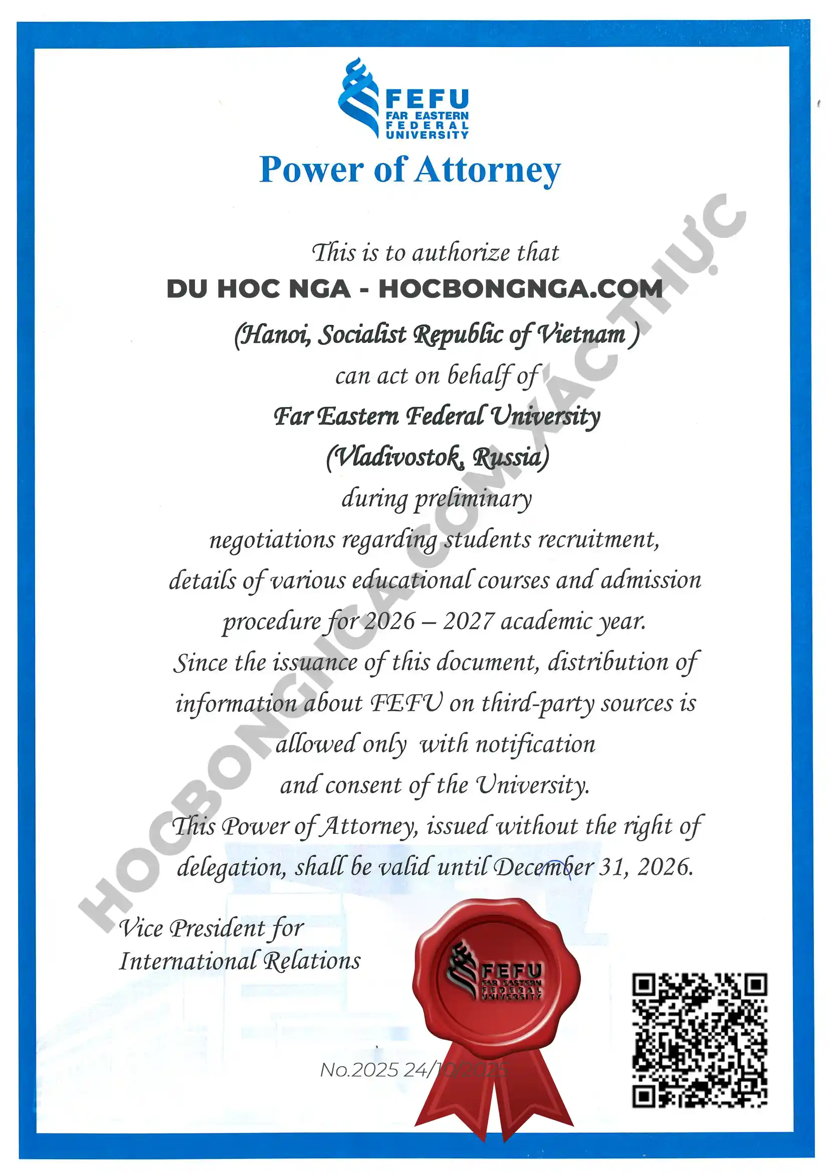 Văn bản ủy quyền FEFU cho đại diện tuyển sinh FEFU tại Việt Nam - HOCBONGNGA.COM