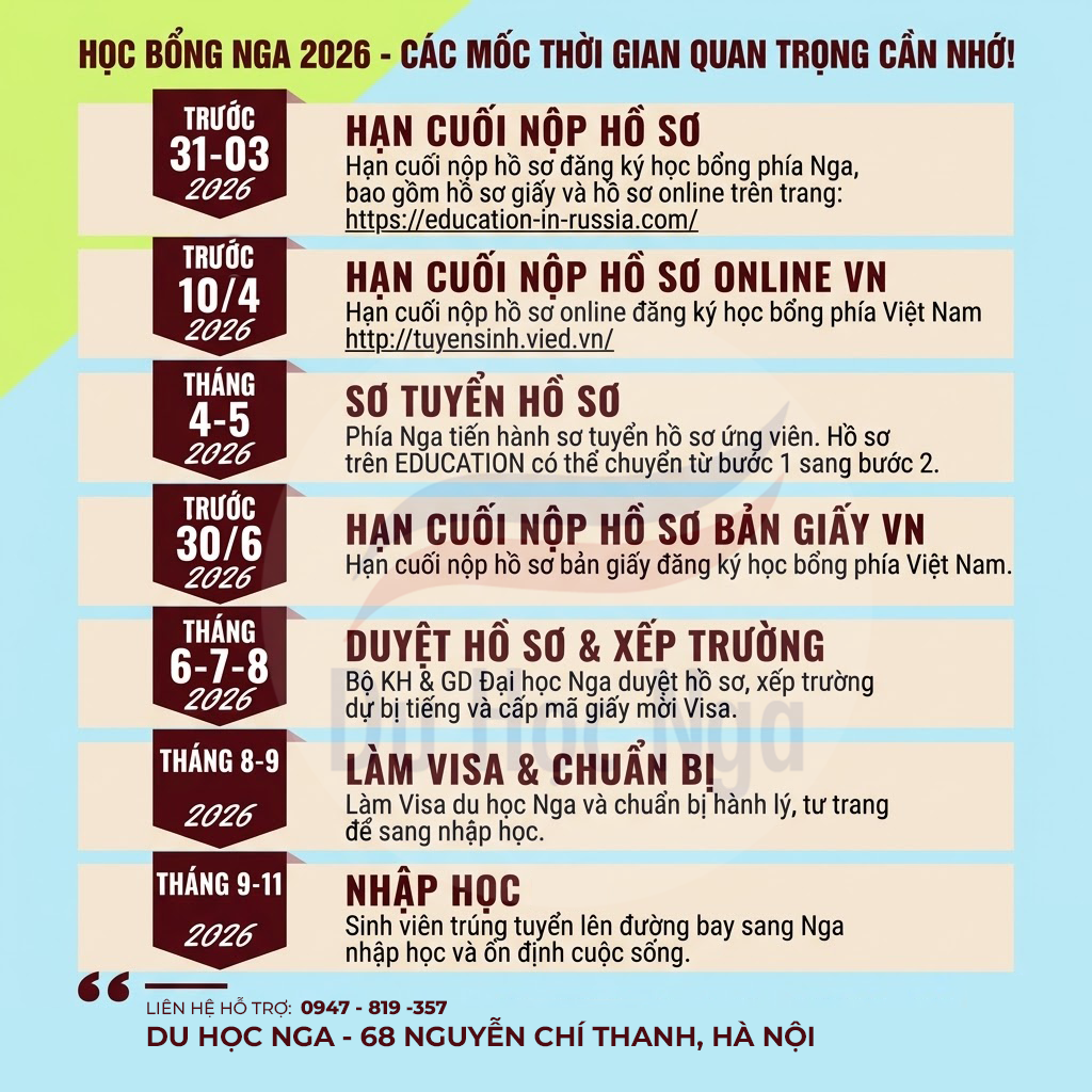 Các mốc thời gian nộp hồ sơ học bổng Nga 2026