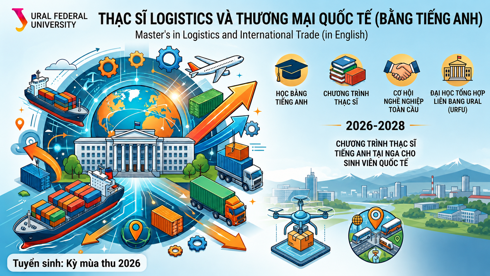 Du học Nga bằng tiếng Anh: Thạc sĩ Logistics và Thương mại Quốc tế tại Đại học Tổng hợp Liên bang Ural 2026 - Du học Nga