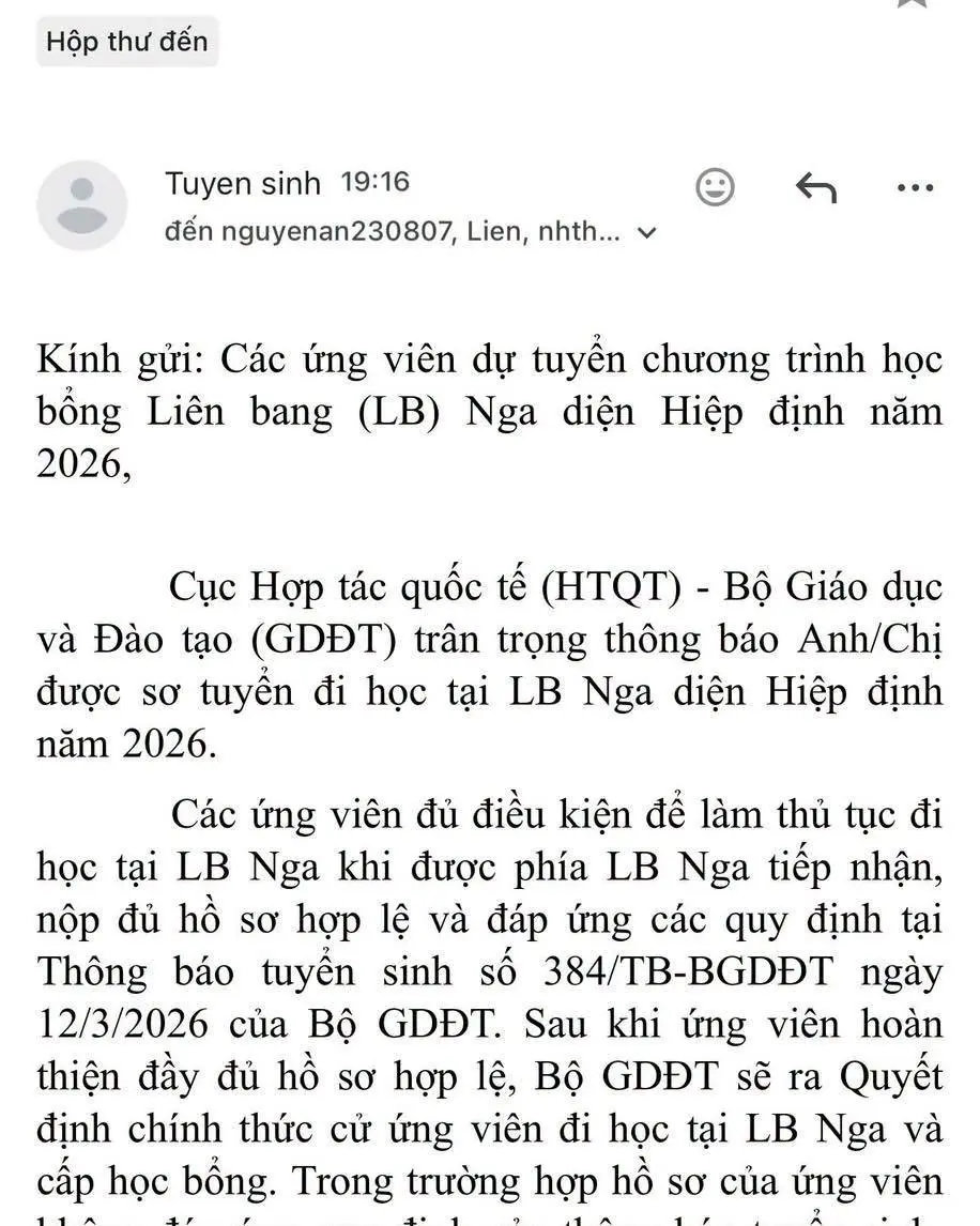 Kết quả học bổng Nga 2026